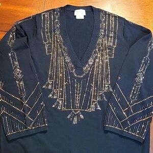 Camilla Fitzgerald's Embellished Flapper V Neck Knit Tunic Sweater ~ Sz M